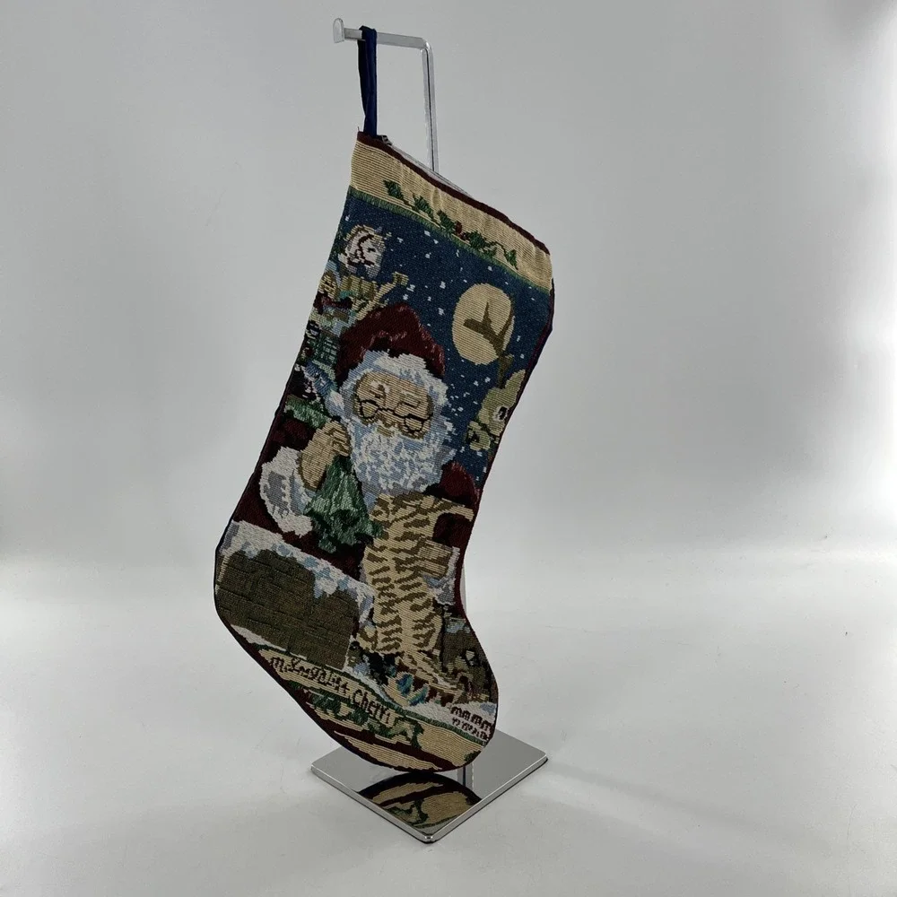 Tapestry Christmas Stocking Santa Toy Sack Down Chimney Roof Checking List 17.5
